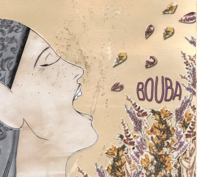 Ilustración: unha muller de perfil, con pano na cabeza, sopra follas e flores; á dereita, a palabra Bouba