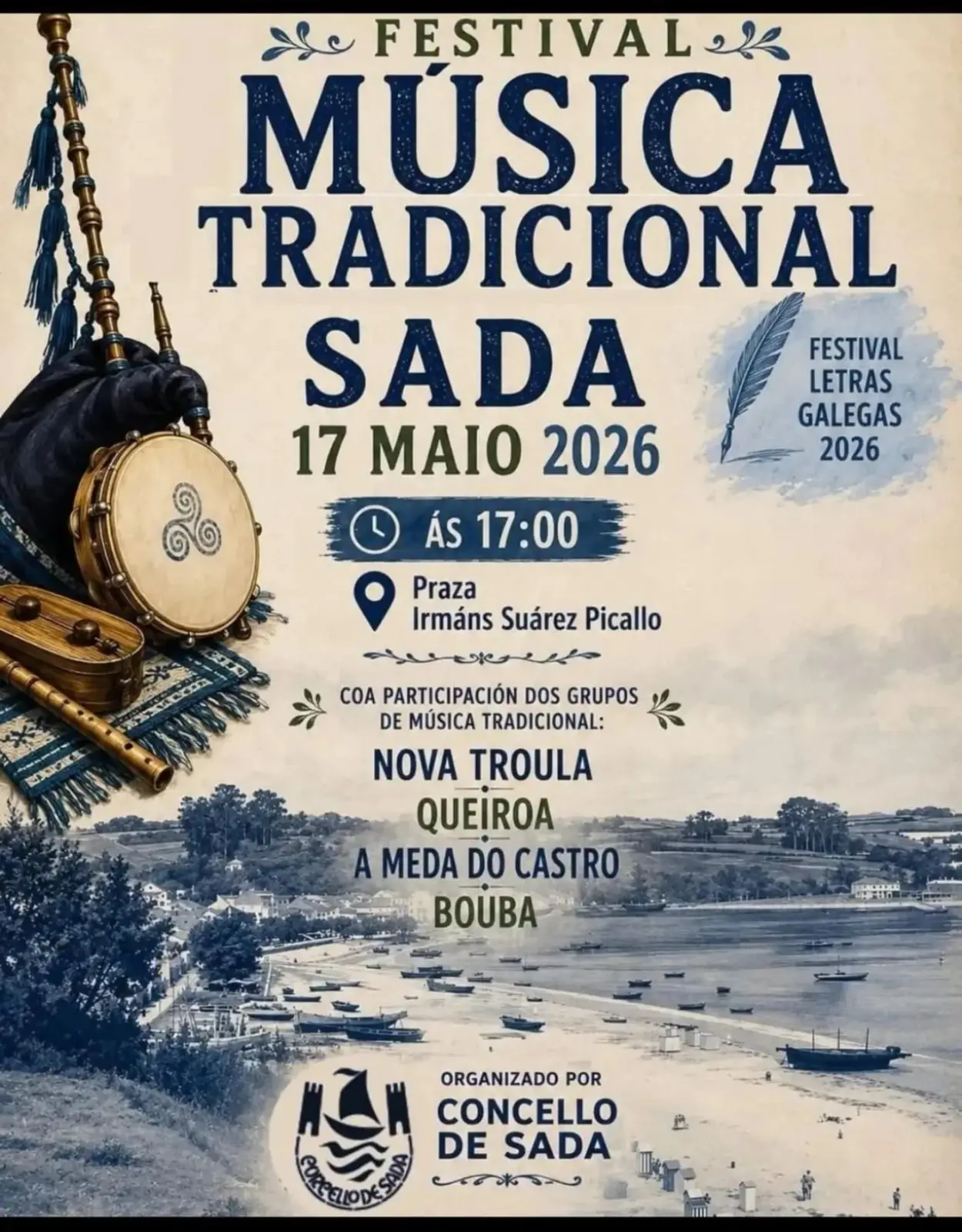 Cartel: Festival Música Tradicional Sada, Praza Irmáns Suárez Picallo, Sada, domingo, 17 de maio de 2026